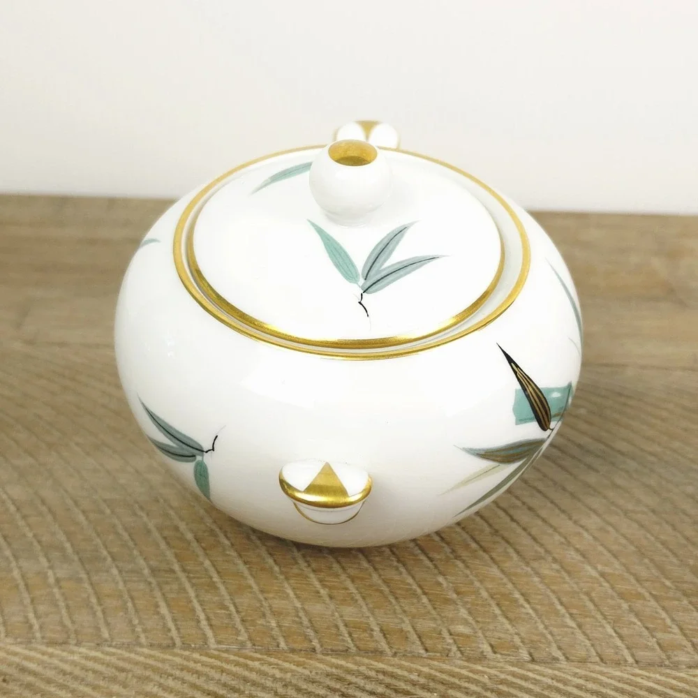 Noritake China 5540 Sugar Bowl‎ and Creamer Teal Bamboo Black Gold Leaves